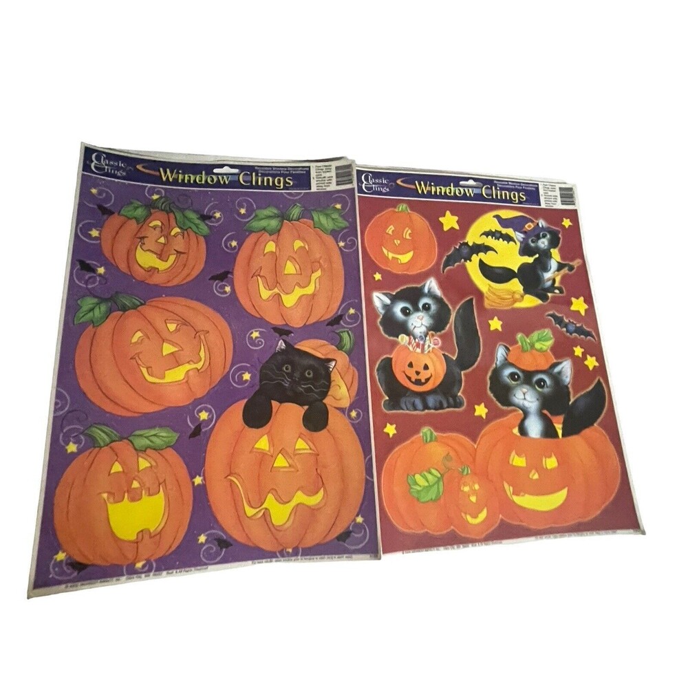 Vintage 2 Classic Clings Window Clings Halloween Pumpkin Black Cats RARE